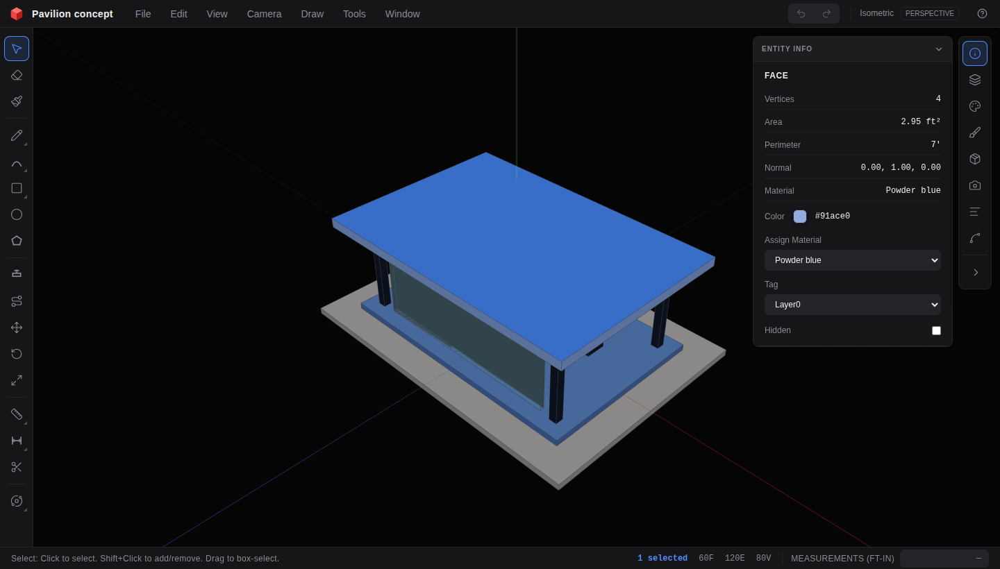 ThreeMesh editor showing a selected modern pavilion roof in the 3D viewport